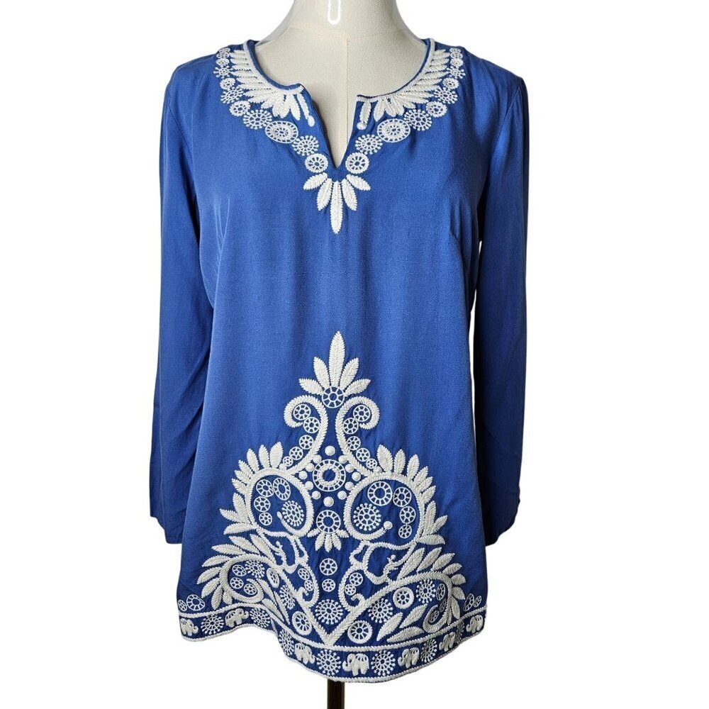 Lilly Pulitzer XS Charlotte Tunic Top Iris Blue Jungle Panel Embroidered Boho